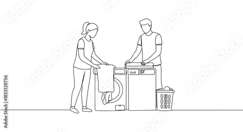 Line drawing of two people doing laundry together in a home laundry room with a washing machine and laundry basket on a transparent background