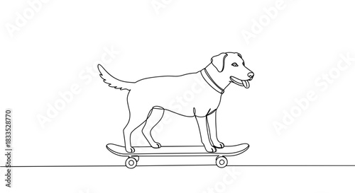 Line drawing of a playful dog standing on a skateboard with a wagging tail in a fun outdoor setting on a transparent background