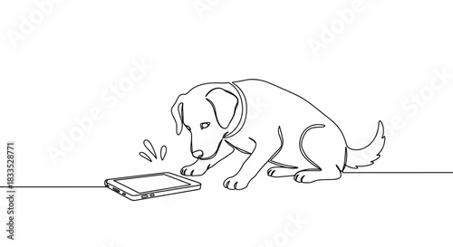 Line drawing of a playful dog interacting with an object on the ground, showcasing a curious expression in a minimalistic style on a transparent background