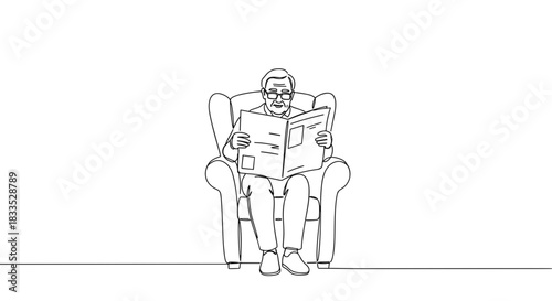 Line drawing of a man sitting in an armchair reading a newspaper, relaxed setting in a living room, outlined in black on a transparent background