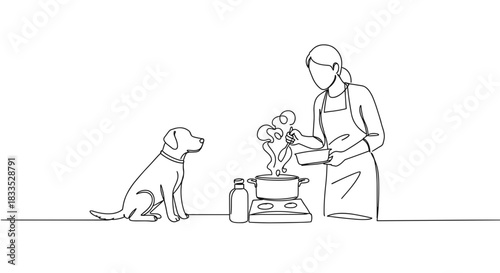 Line drawing of a woman cooking with a dog sitting nearby while steaming food in a pot on a table, isolated on transparent background