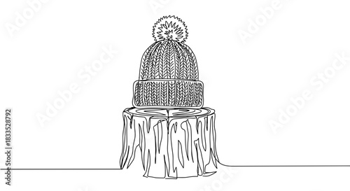 Line drawing of a cozy winter beanie hat with a pom pom on top, sitting on a wooden table surface against a transparent background
