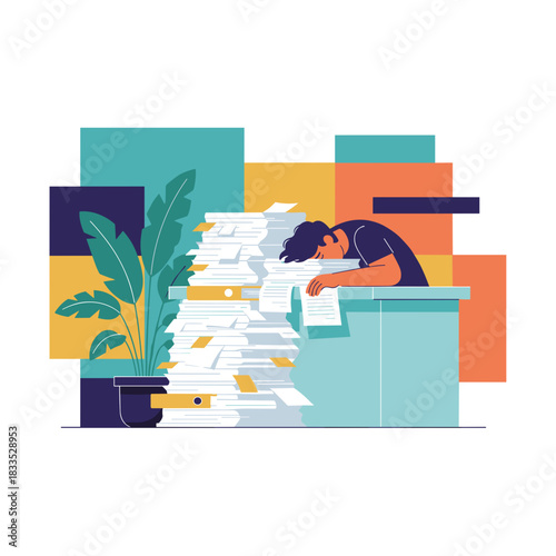 Exhausted office worker sleeping on desk overwhelmed by massive paperwork and job stress