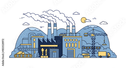 Stylized industrial factory producing smoke featuring cranes conveyor belts and logistics vehicles
