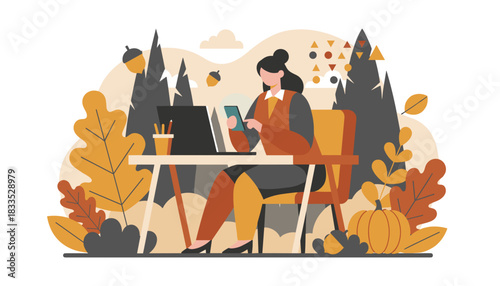 Woman works remotely on laptop and phone amidst autumn nature Digital nomad concept