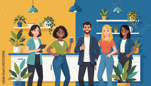 Diverse professional team smiling happily in a modern collaborative office environment