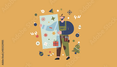 Worker carrying glass pane for holiday installation surrounded by Christmas decorations