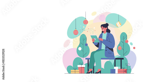 Smiling woman uses tablet for online holiday shopping or festive business tasks amidst decorations and gifts