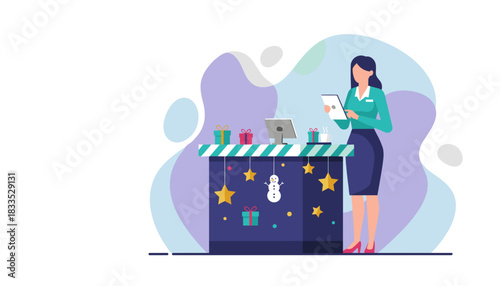 Businesswoman uses a tablet at a holidaythemed counter managing Christmas sales and operations