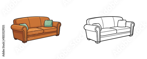 Detailed cartoon drawing of a comfortable modern three-seat sofa with rolled arms, upholstered in a warm orange-brown color with two light blue cushions