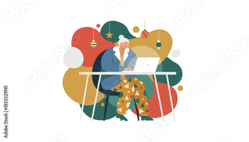 Elderly woman working on laptop at desk with festive holiday decorations Remote work Christmas concept