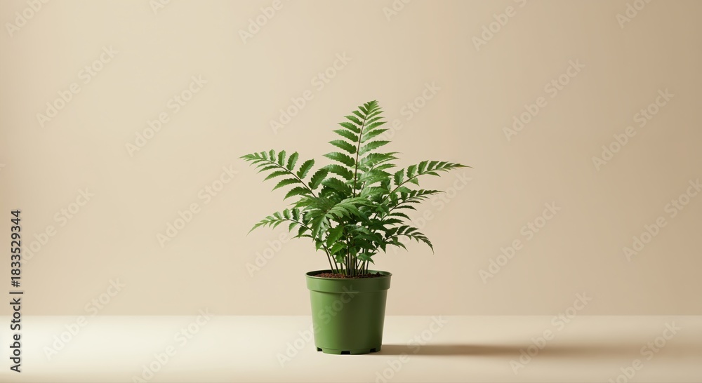 Fototapeta premium Flourishing Fern: A lush green fern, elegantly potted, stands as a symbol of growth and resilience, its delicate fronds reaching towards the light.