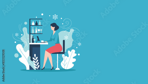 Professional woman working on a tablet at a bar counter during winter vacation