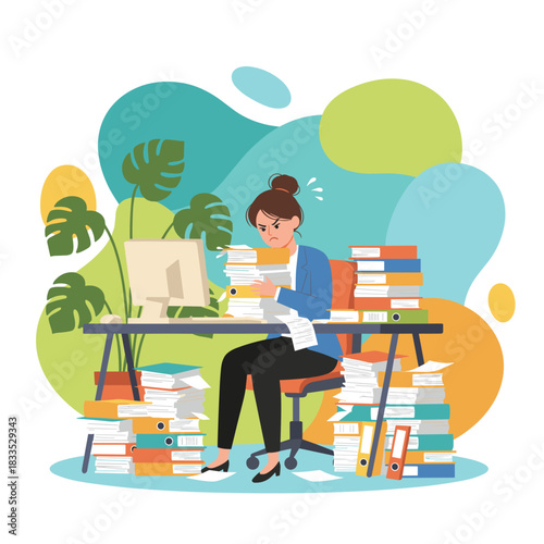 Frustrated office worker buried under massive paperwork illustrating workload and stress burnout