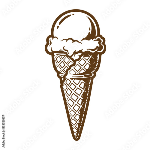 Classic brown sketch vintage ice cream cone with scoop on a clean white background