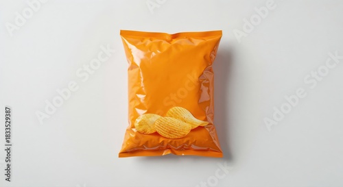 Crisp Delight: a close-up shot of a brightly colored potato chips bag, promising a moment of tasty pleasure. 