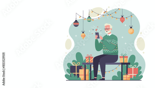Senior man uses a smartphone for holiday greetings and shopping surrounded by Christmas gifts