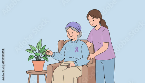 Caregiver supports elderly woman with purple awareness ribbon Health comfort and domestic assistance