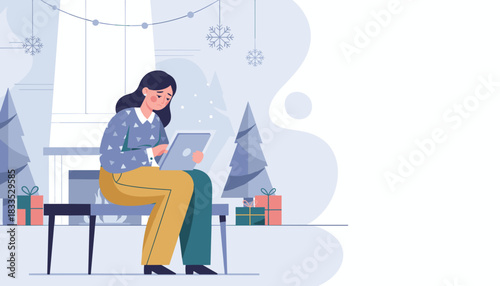 Sad woman using a tablet feeling lonely or stressed during the winter holiday season indoors