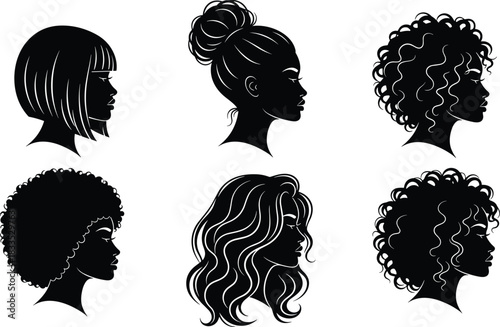 Set of Six Diverse Women Side Profile Silhouettes with Different Hairstyles, Including Afro, Bun, Bob, and Wavy Hair, Black Vector Illustration Isolated on White.