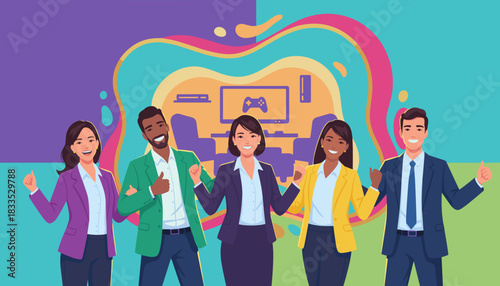 Happy diverse business team celebrating success and creativity in a modern vibrant environment