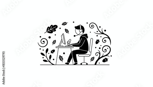 Remote work illustration person in headset at desk surrounded by decorative autumn elements