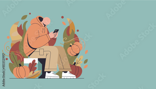 Person using smartphone surrounded by cozy fall decor pumpkins leaves Autumn digital lifestyle