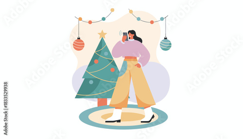 Happy woman uses phone near Christmas tree celebrating winter holidays and connecting digitally