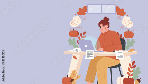 Tired woman remote working on a laptop during autumn Seasonal burnout and home office stress illustration