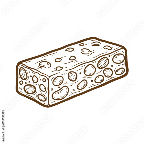 Delicious hand drawn sketch vintage nougat candy bar with nuts on a white background