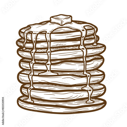 Delicious stack of pancakes drizzled with syrup and topped with butter sketch style