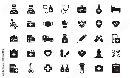 Medical silhouette icon collection, vector illustrations of stethoscope, thermometer, syringe, pill, medicine, emergency, cross, heart, blood test, ambulance, bed, telehealth