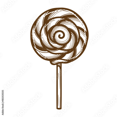 Detailed brown sketch of a sweet swirl lollipop on a stick in vintage style