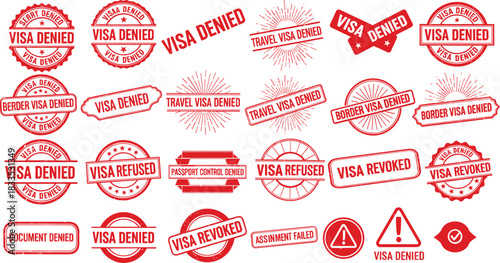 Collection of red rubber stamps for visa approval and denial
