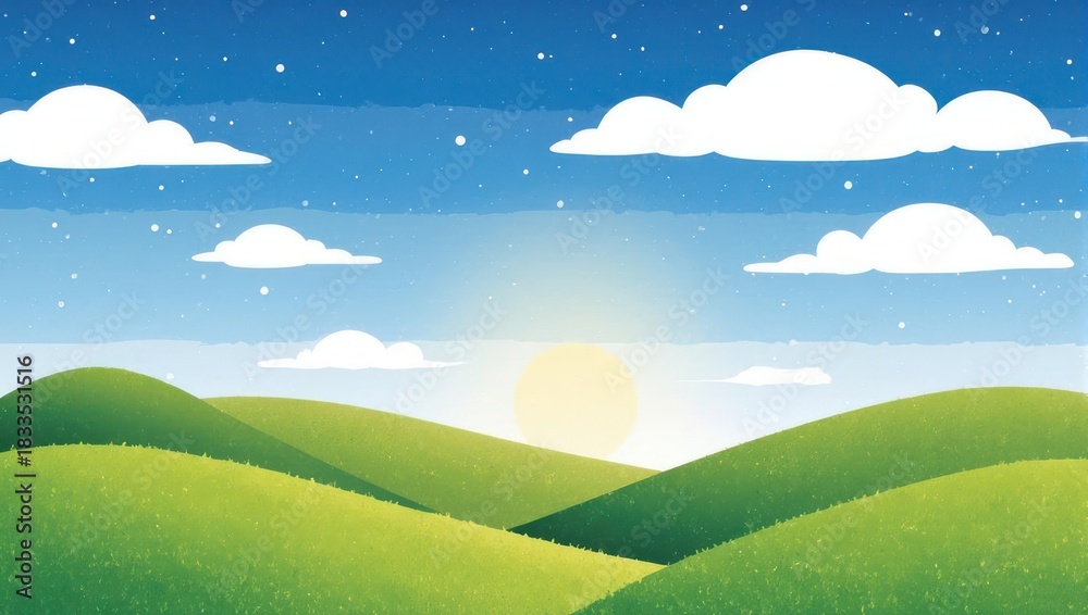 Fototapeta premium Cartoon illustration depicts rolling green hills, bright sun, clouds, and a starry sky