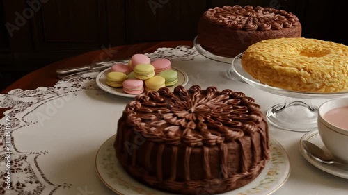 A table laden with chocolate cakes yellowtopped cakes and colorful macarons