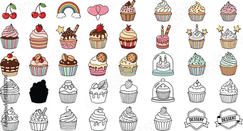 Collection of whimsical dessert illustrations with colorful toppings and designs