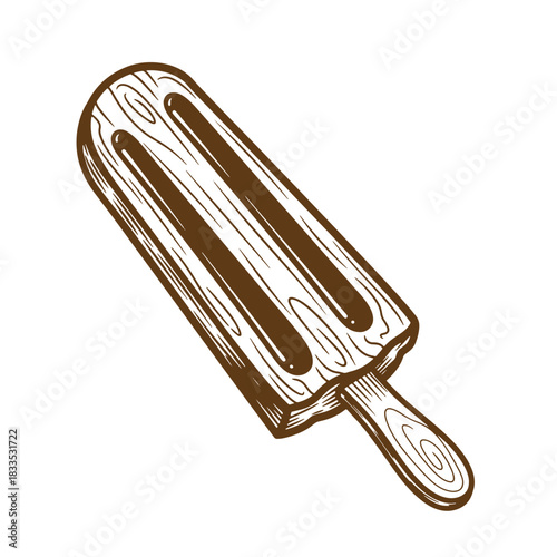 Detailed sketch of a delicious brown wooden popsicle with vintage style on a white background