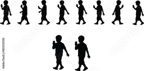 Childhood Digital Footprint, Boys Walking Outdoors While Engaged with Mobile Phones, Technology Addiction, Youth Smartphone Usage.