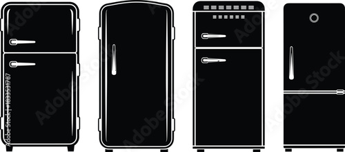 Set of refrigerator silhouettes vector illustration, black kitchen fridge icons collection including retro and modern models, isolated on white background for home appliance design.
