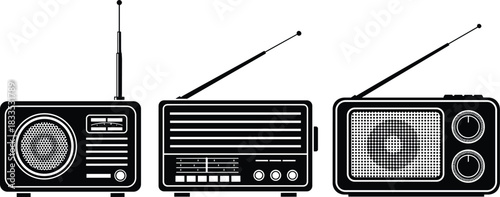 Set of Retro Portable Radio Vector Illustrations, Vintage Black and White Silhouette Icons, Classic Broadcast Receiver Graphics, Old Communication 
