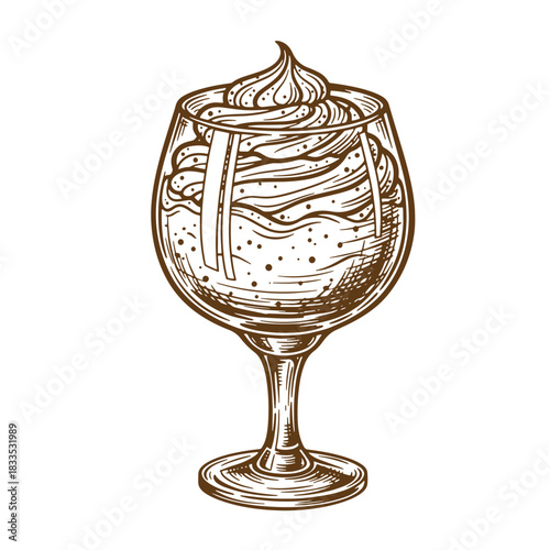Elegant brown sketch of a creamy dessert served in a wine glass with whipped cream