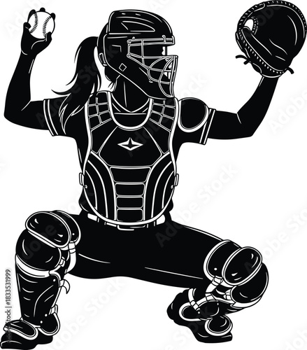 Powerful Black and White Silhouette of Female Softball Baseball Catcher Ready to Receive Pitch Wearing Full Protective Gear Including Helmet Chest Protector Mitt and Shin Guards Isolated