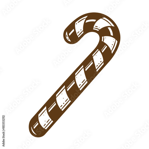 Hand drawn brown candy cane illustration with white stripes isolated on white background