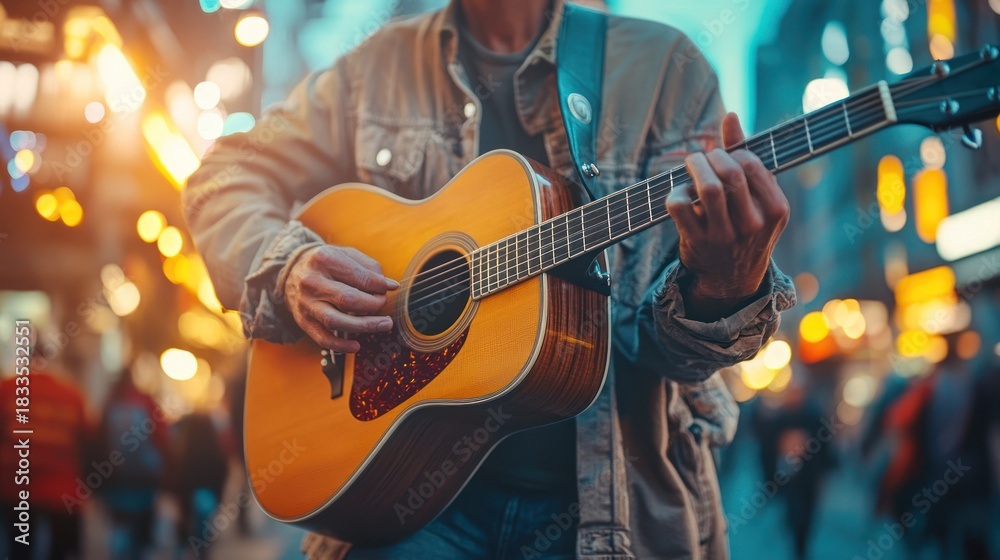 Obraz premium Street musician playing acoustic guitar at night