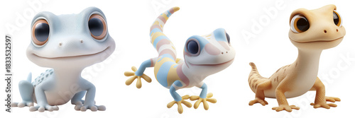 Adorable 3d Cartoon Geckos Posing on a Transparent Background