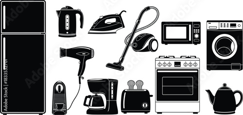 Set of household appliances silhouettes vector illustration, black kitchen electronic icons collection including fridge, stove and vacuum cleaner, isolated on white background.