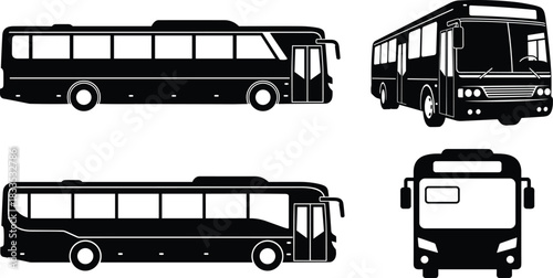 Set of modern city bus silhouettes, public transport vehicle vector illustration isolated on white background, side and front view for design