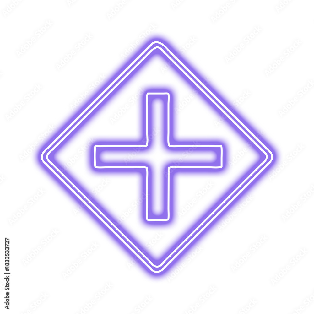 Obraz premium Glowing purple neon plus sign inside a diamond shape isolated on transparent background
