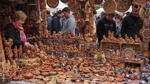 A woman buys handcrafted wooden and ceramic items at an outdoor market stall
